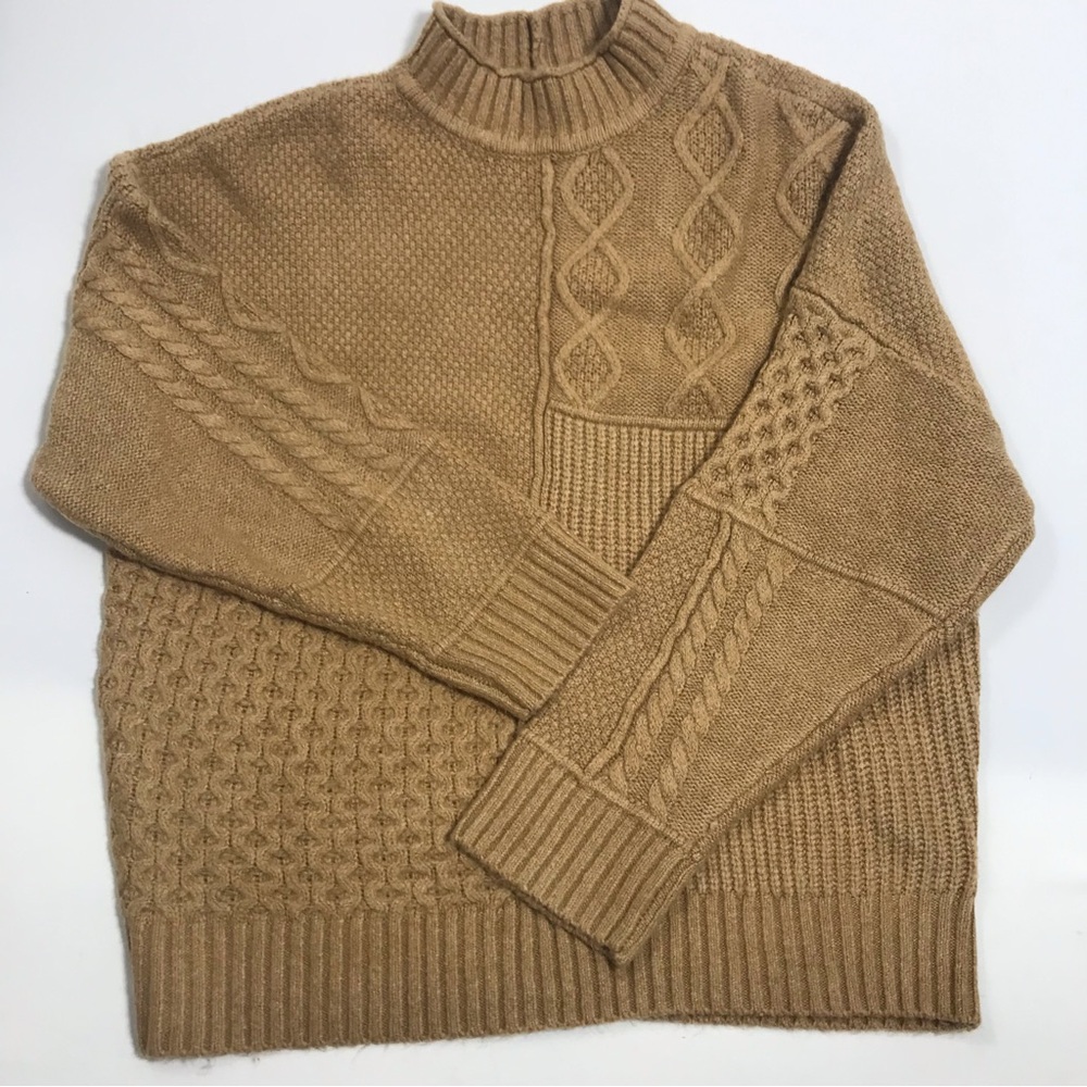 American Eagle Camel Brown Patchwork Cable Knit Loose Fit Sweater Women's XL
